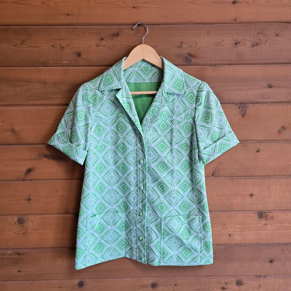 Vintage Handmade Disco Psychedelic Top 70's Mod Green Blouse Retro Geometric